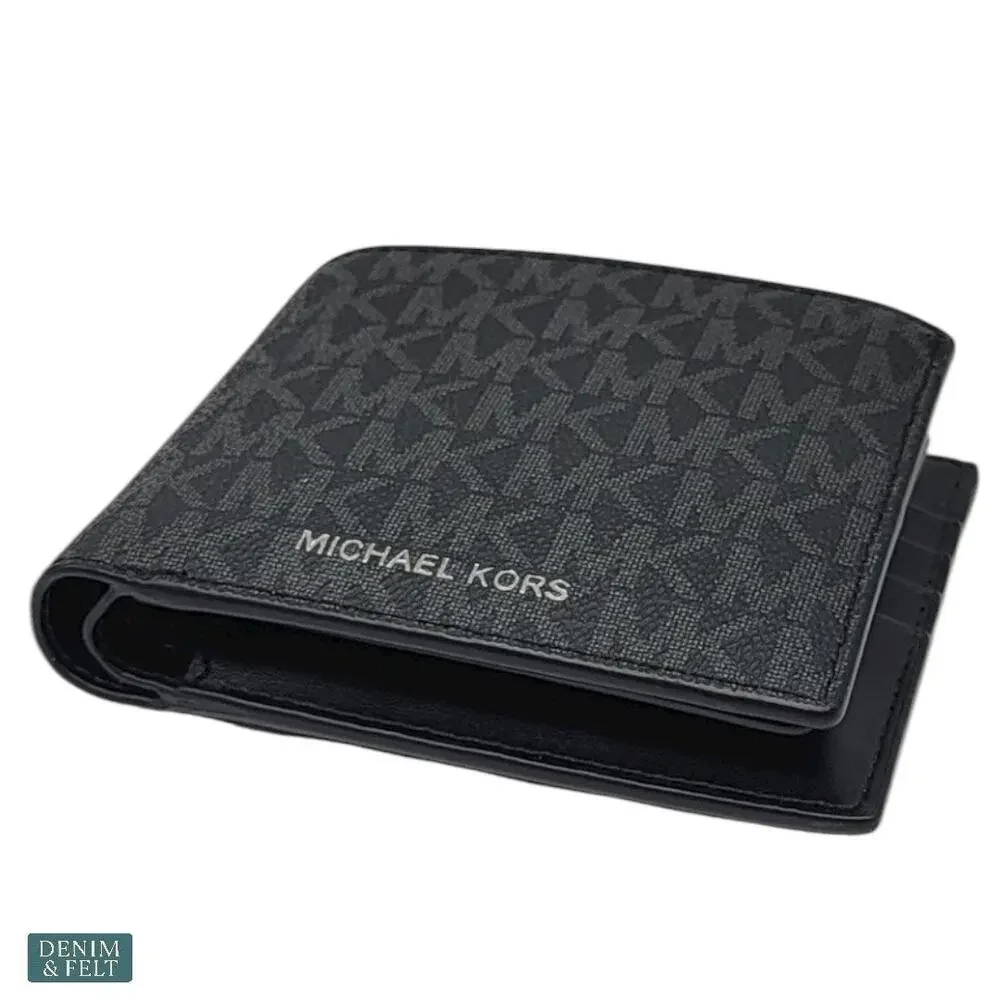 NEW Michael Kors Cooper Billfold Wallet w/ Passcase Black MK Logo Print‎